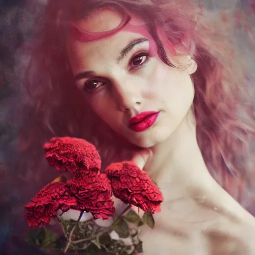 Prompt: fine art photo of the beauty gal gadot, she is merging from pink dried roses, taken by oleg oprisco