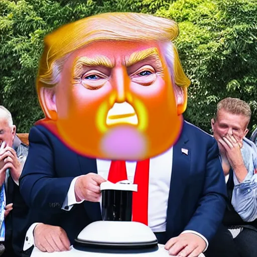 Image similar to donald trump smelling his own farts from an emoji poo jar, realistic, award winning, photography,