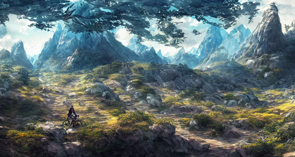 Image similar to An epic fantasy anime style landscape painting of a Mountainrange, with a Mountainbiker and a blue umbrella, unreal 5, DAZ, hyperrealistic, octane render, dynamic lighting