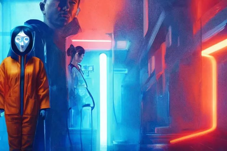 Prompt: a still from the film bladerunner 2 0 4 9 depicting haruka abe wearing an orange prison jumpsuit. behind her a blue holographic face dominates the background. futuristic medical equipment surrounds haruka abe. sci fi, futuristic,