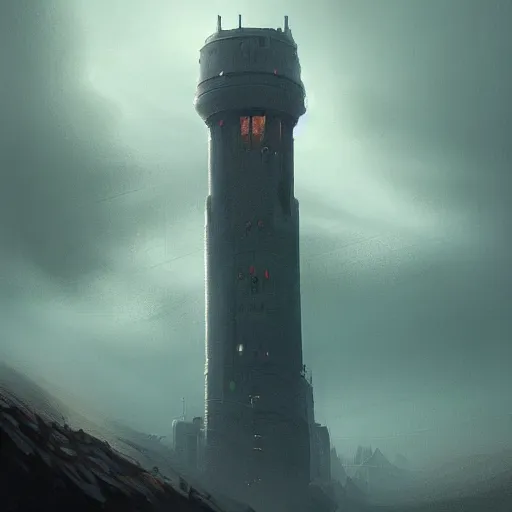 Prompt: A huge tower in a deserted landscape emitting a green light in the distance, dark atmosphere, intricate, cinematic lighting, highly detailed, digital painting, artstation, concept art, smooth, sharp focus, illustration, art by Artgerm and Greg Rutkowski, Cgsociety