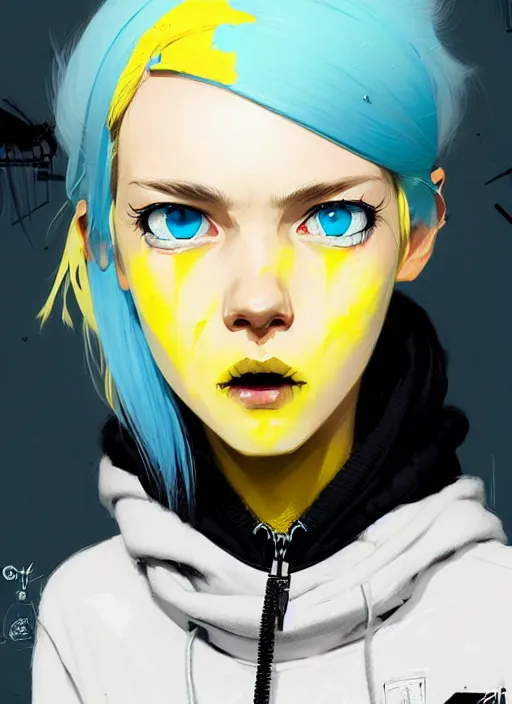 Image similar to highly detailed portrait of a city punk lady student, blue eyes, hoodie, white hair by atey ghailan, by greg rutkowski, by greg tocchini, by james gilleard, by joe fenton, by kaethe butcher, gradient yellow, black, brown and cyan blue color scheme, grunge aesthetic!!! ( ( graffiti tag wall background ) )