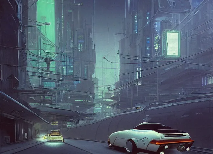 Prompt: a car driving down a street next to tall forest the night, cyberpunk art by Chesley Bonestell, cgsociety, retrofuturism, matte painting, reimagined by industrial light and magic