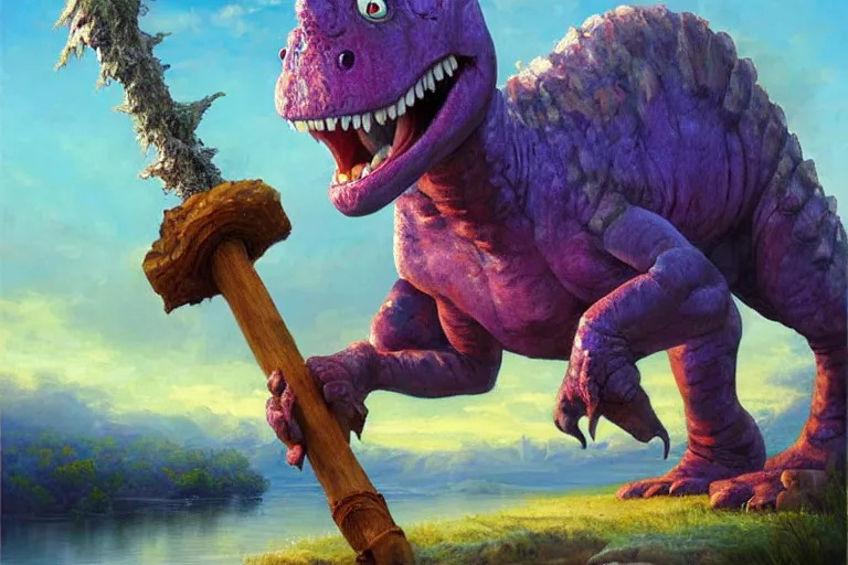 Image similar to barney the dinosaur holding a fire axe, an oil painting by ross tran and thomas kincade