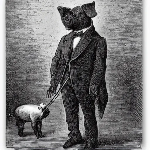 Image similar to pig in a tuxedo, illustration by Gustave Doré