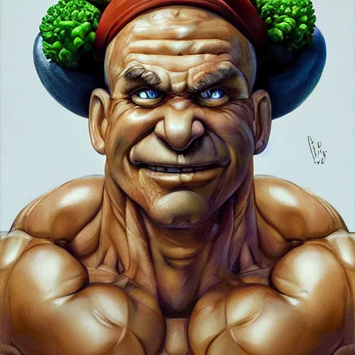 Prompt: a masterpiece portrait of popeye with huge biceps holding a broccoli. very detailed eyes. intricate, elegant, highly detailed. trending on artstation, digital art, by stanley artgerm lau, wlop, rossdraws, james jean, andrei riabovitchev, marc simonetti, yoshitaka amano