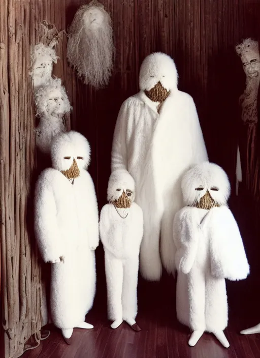 Image similar to realistic photo of the family wearing fluffy hairy masks, faceless, no face, white fluffy cotton shorts, white fluffy cloak, polished and fancy, standing in the wooden room full of wooden bird idol sculptures 1 9 9 0, life magazine reportage photo