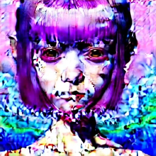 Image similar to amazingly detailed art illustration of a beautiful young morbid woman, wearing a tie-dye shirt, short shorts, with short hair with bangs, she is hallucinating seeing violet frogs, by Range Murata, Katsuhiro Otomo, Yoshitaka Amano, and Artgerm. 3D shadowing effect, 8K resolution.
