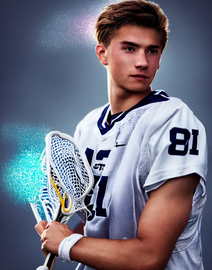 Image similar to closeup portrait of very beautiful cute male lacrosse player in a penn state stadium, glamour pose, particle effects, backlit, highly detailed, soft ambient lighting, sharp focus, rule of thirds, artgerm, wlop, arney freytag, rossdraws, frank frazetta, andrei riabovitchev, hd, octane, 4 k