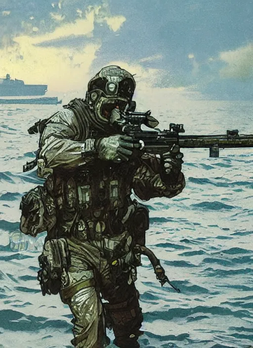 Prompt: Hector. USN blackops operator emerging from water at the shoreline. Agent wearing Futuristic stealth suit and looking at an abandoned shipyard. rb6s, MGS, and splinter cell Concept art by James Gurney, Alphonso Mucha. Vivid color scheme.