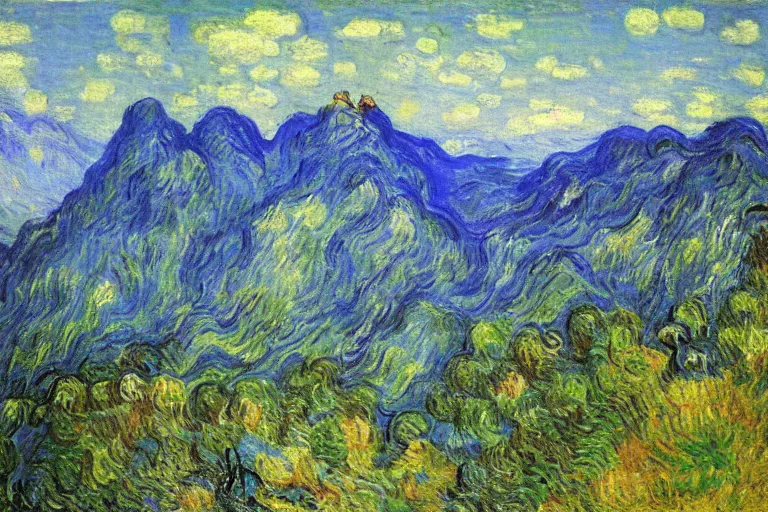 Prompt: beautiful blue mountain in Italy, painted by Monet and Van Gogh and Redon