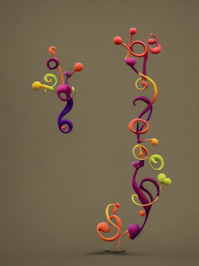 Prompt: a 3D rendering of an acorn that turns into a tree in the shape of a treble clef, modern and minimal, bursts of color