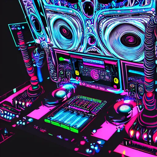 Image similar to intricate detailed artwork of a futuristic hardstyle music dj at an mainstage festival rave in the style of Sandra Pelser, VR headset, wires, speakers