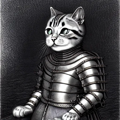 Image similar to engraving portrait of humanoid cat in medieval armoury by gustave dore. trending on deviant art, street art, chillwave, maximalist, full of color, glittering, 8 k, hd