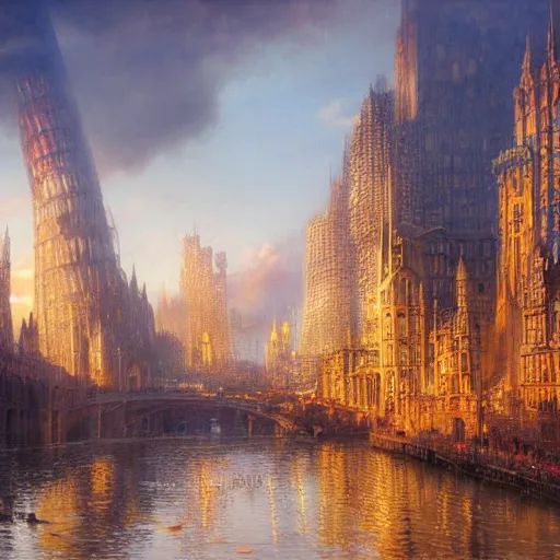 Image similar to beautiful fantasy city by Alan Lee, golden hour, concept art, matte painting, highly detailed, art station, oil painting, 8k