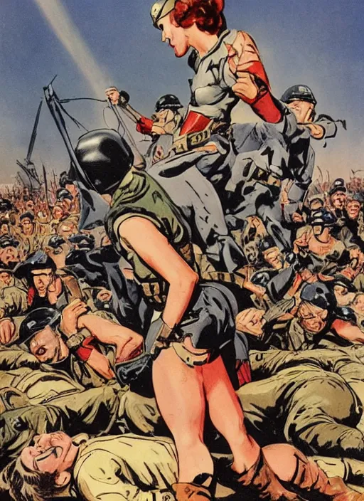 Prompt: beautiful jewish female captain america standing on a pile of defeated german soldiers. feminist captain america wins wwii. american wwii propaganda poster by james gurney