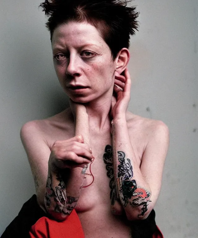 Image similar to a color photograph asia kate dillon, by nan goldin, intense, bold, exaggerated, overblown, hyperrealistic, ultra sharp, extra details, ultra high quality, trending on pinteresst