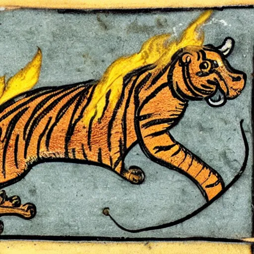 Image similar to bad drawn tiger made of smoke, lava and fire flying in the sky with many legs in a medieval manuscript, medieval manuscript, golden miniatures