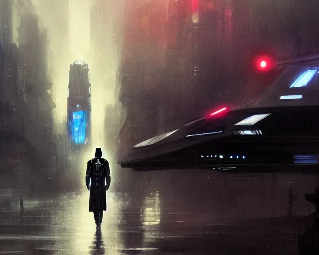 Prompt: 2 0 1 8 blade runner movie still darth vader look at the cityscape from roof perfect face fine realistic face pretty face reflective polymer suit tight neon puffy jacket blue futuristic sci - fi elegant by denis villeneuve tom anders zorn hans dragan bibin thoma greg rutkowski ismail inceoglu illustrated sand storm alphonse mucha