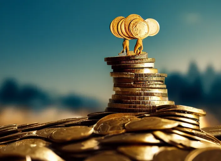 Image similar to a 3 5 mm photo of hills made of of coins, with a man standing on top, splash art, movie still, bokeh, canon 5 0 mm, cinematic lighting, dramatic, film, photography, golden hour, depth of field, award - winning, anamorphic lens flare, 8 k, hyper detailed, 3 5 mm film grain