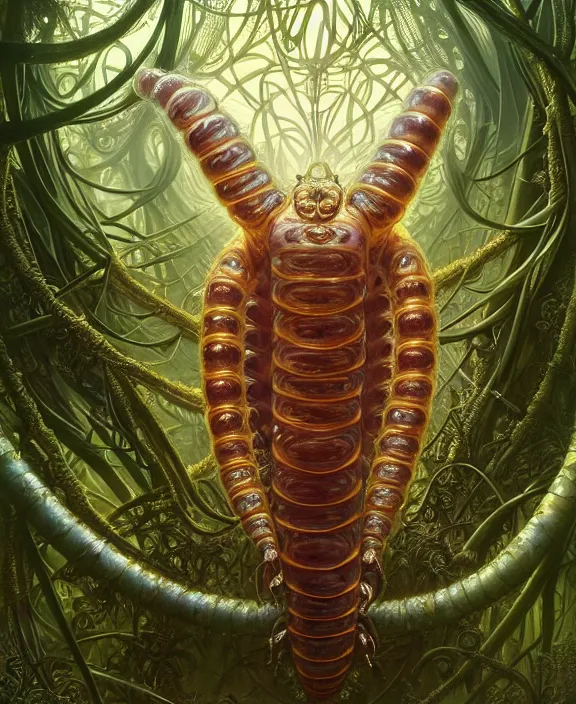 Image similar to intricate ornate opulent transparent clear see - through portrait of a terrifying beautiful fat male alien centipede, mottled coloring, adorable, childlike, overgrown jungle environment, ultra realistic, concept art, art nouveau, photorealistic, octane render, 8 k, unreal engine. art by christopher marley and artgerm and greg rutkowski and alphonse mucha