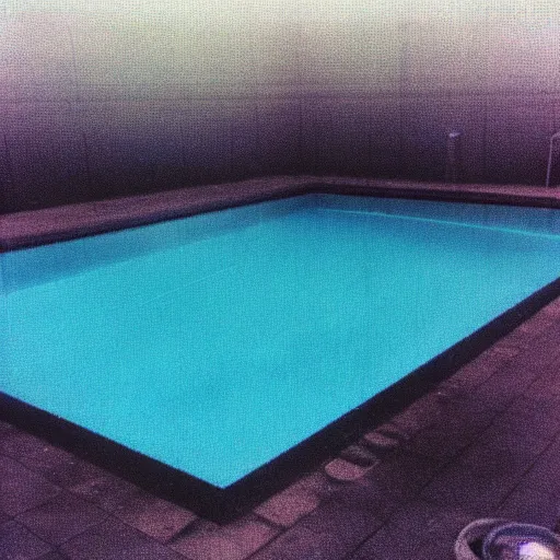 Prompt: Beautiful 2000s phone-camera , soft liminal Photograph inside an infinite infinite foggy empty pool