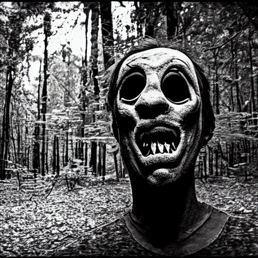 Prompt: creepy found footage of a monster in the woods