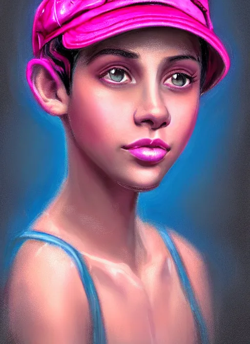 Image similar to portrait of teenage vanessa morgan with bright pink hair, black girl, curly pixie cut hair, wearing newsboy cap, pink short haircut, newsboy cap, hoop earrings, blue eyes, intricate, elegant, glowing lights, highly detailed, digital painting, artstation, concept art, smooth, sharp focus, illustration, art by wlop, mars ravelo and greg rutkowski