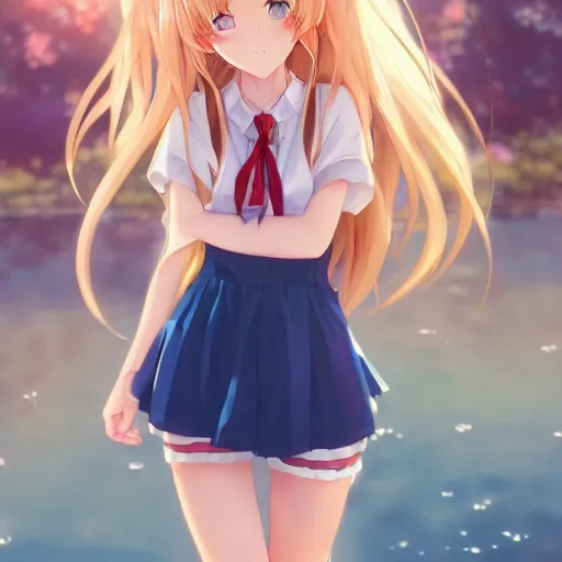 Image similar to a very beautiful anime girl, full body, long golden hair, sky blue eyes, full round face, short smile, short mini jeans skirt, cute top, summer lake setting, cinematic lighting, medium shot, mid-shot, highly detailed, trending on Artstation, Unreal Engine 4k, cinematic wallpaper by Stanley Artgerm Lau, WLOP, Rossdraws, James Jean, Andrei Riabovitchev, Marc Simonetti, and Sakimichan