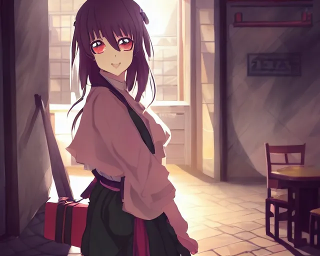 Image similar to key anime visual portrait of a young female with luggage in a tavern interior, dynamic pose, dynamic perspective, cinematic, dramatic lighting, muted colors, fine detail, textured, finely detailed eyes, anime proportions