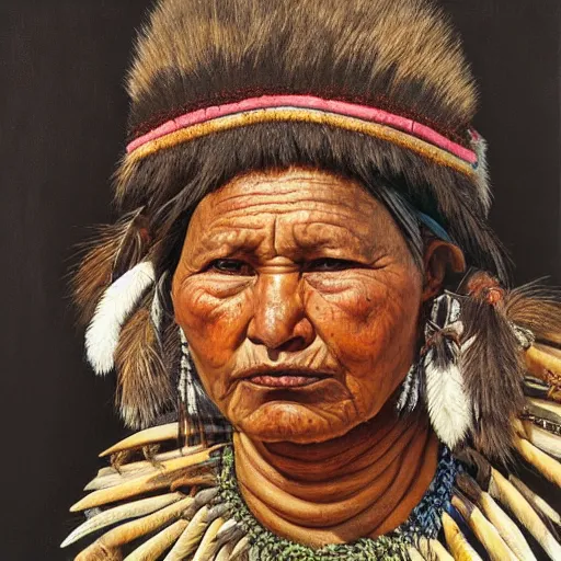 Image similar to high quality high detail painting by lucian freud, hd, portrait of a indigenous tribe woman, photorealistic lighting