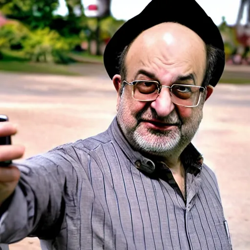 Image similar to selfie of salman rushdie with phone