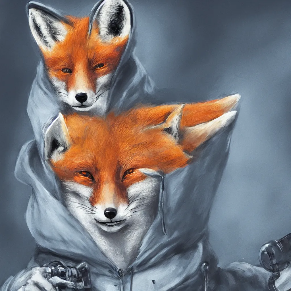 Prompt: a closeup profile shot of an anthropomorphic fox in a blue hoodie sitting in front of the computer, dark tones, concept art, digital art, highly detailed, anime, by hayao miyazaki