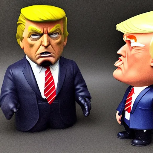 Image similar to funko pop of donald trump, angry expression, pecked lips,