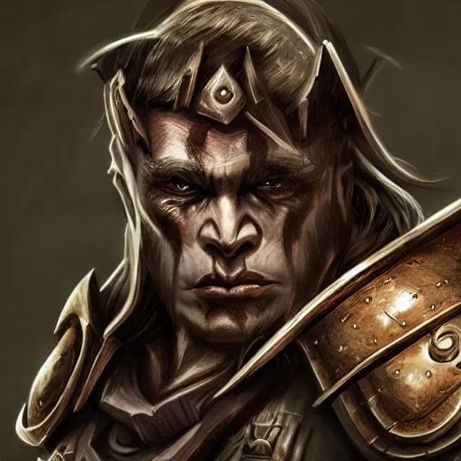 Image similar to full body portrait of half orc cleric, dungeons and dragons, male, wearing eye shadow, ornate armor, shallow depth of field, highly detailed, dslr, volumetric lighting, dynamic pose, ultrarealism, hyperrealism, highly textured