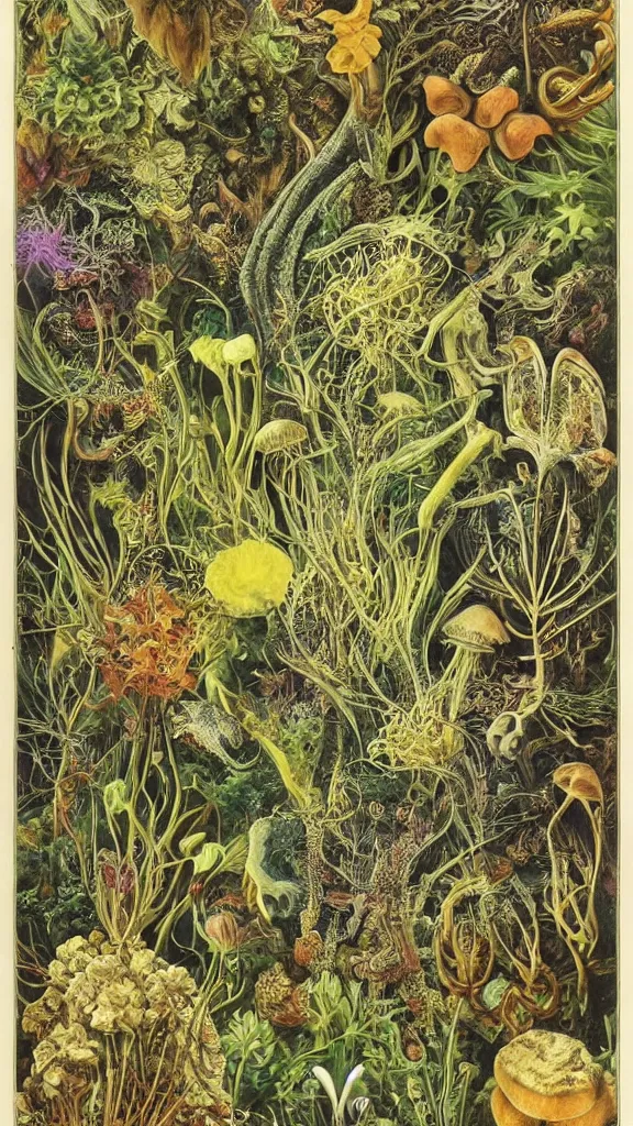 Image similar to Cannabis and Magic Mushrooms and LSD Sheets, by Ernst Haeckel and by Walton Ford