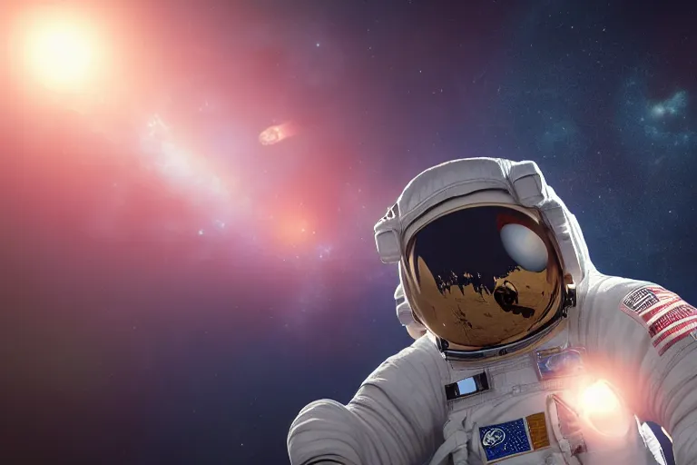 Image similar to astronaut in space wearing a spacesuit floating, earth in background, highly detailed, photorealistic, full body, bright studio setting, studio lighting, crisp quality and light reflections, unreal engine 5 quality render