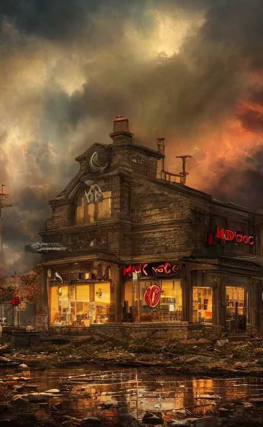 Image similar to beautiful epic painting of a uk mcdonalds in an apocalypse. thunder, lightning, fantasy art, hd, ultrawide angle,, hq. very detailed.