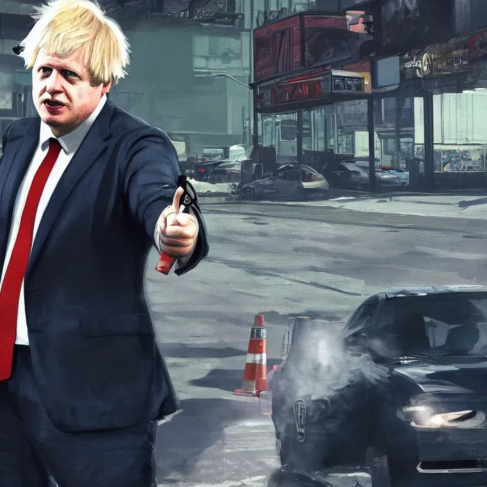 Prompt: Boris Johnson in GTA V, Cover art by Stephen Bliss, Loading Screen, Boxart