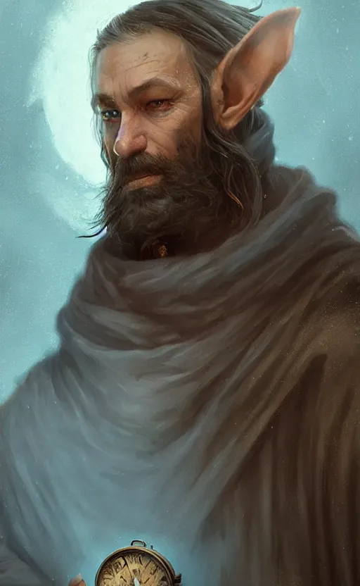 Image similar to portrait of a middle aged elf with a long beard, dressed in a blue cloak with clock iconography, brown hair, raised hand, detailed face, fantasy, highly detailed, cinematic lighting, digital art painting by greg rutkowski