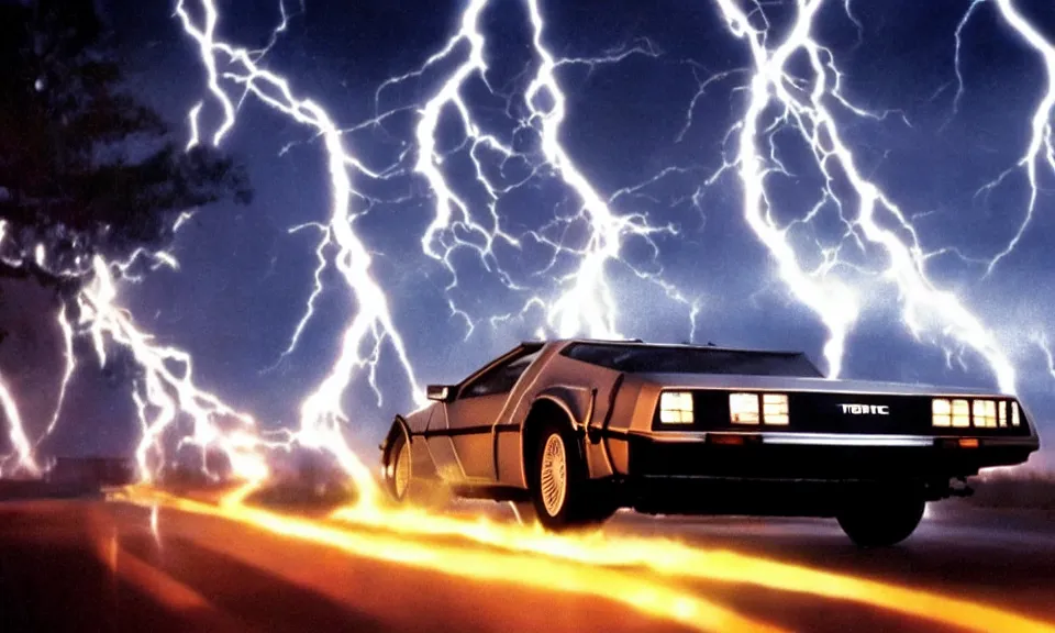 Image similar to scene from back to the future, delorean driving fast, lightning, fire, driving through portal, motion blur