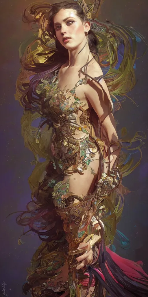 Prompt: portrait of tragedy, expressive pose, acrobatic, rainbow eyes, ornate frilly dress, fantasy, intricate, elegant, highly detailed, digital painting, artstation, concept art, smooth, sharp focus, illustration, art by artgerm and greg rutkowski and alphonse mucha, octane render