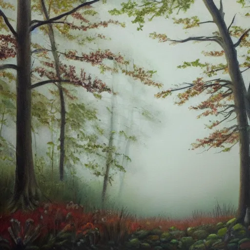 Prompt: an oil painting of a foggy forest with a spring and a deer