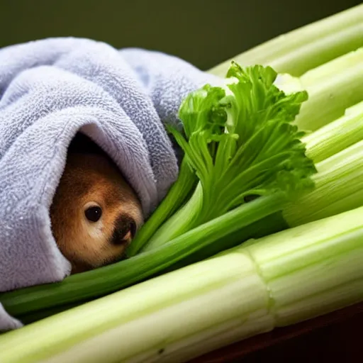 Image similar to cozy tardigrade, giant soft tardigrade curled up in a blanket eating celery, cute, soft, gentle, kind, tender