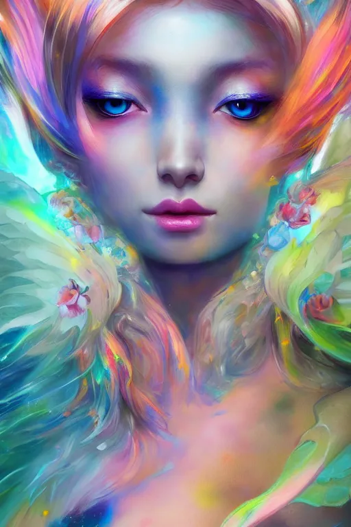 Prompt: chromatic angelic goddess of colors, d & d, full body portrait, mixed media, seductive look, chromatic aberration, hyper realistic, highly detailed, headshot, digital painting, trending on artstation, concept art, sharp focus, illustration, art by jin kagetsu and james jean and wlop and artgerm and greg rutkowski and ayami kojima