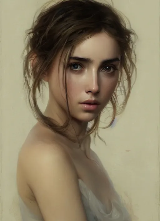 Image similar to beautiful portrait of ana de armas, soft features, by magali villeneuve and greg rutkowski and artgerm and alphonse mucha and jeremy lipkin and rob hay, intricate, elegant, highly detailed, photorealistic, trending on artstation, trending on cgsociety, 8 k, sharp focus