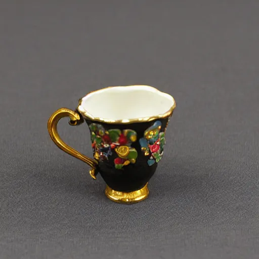 Prompt: baroque teacup filled with tiny little bowling pins