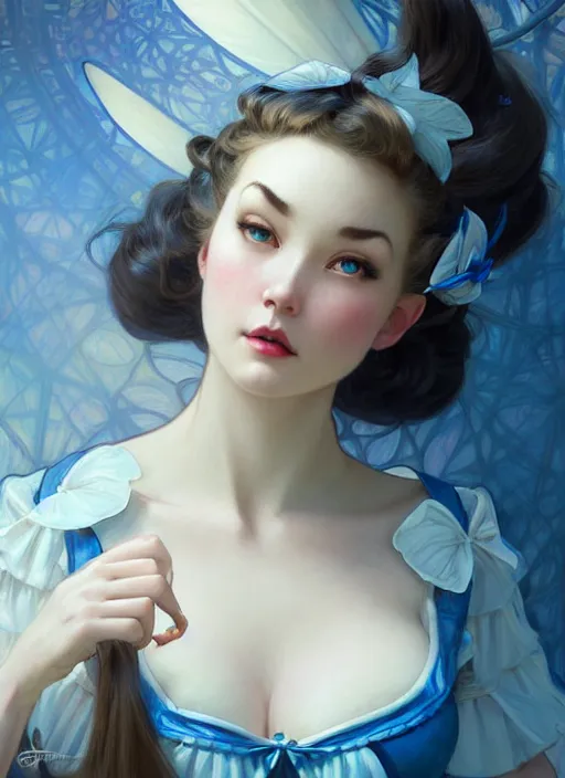 Prompt: concept art by artgerm, portrait of pinup giant disney alice in wonderland in blue dress, soft natural light, intricate, elegant, highly detailed, my rendition, digital painting, artstation, concept art, smooth, sharp focus, illustration, art by greg rutkowski and alphonse mucha and uang guangjian and gil elvgren, symmetry!!