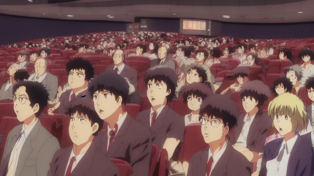 Prompt: people in a busy movie theatre, anime film still from the an anime directed by katsuhiro otomo with art direction by salvador dali, wide lens