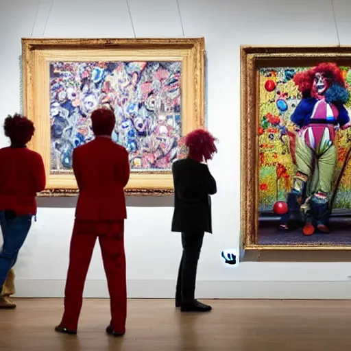 Image similar to clown gallery, photo of clowns in an art gallery looking at artwork of clowns